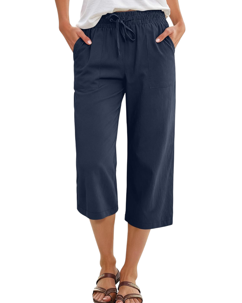 Kris Women's Pants – High Waist Capri Palazzo with Drawstring & Pockets Summer