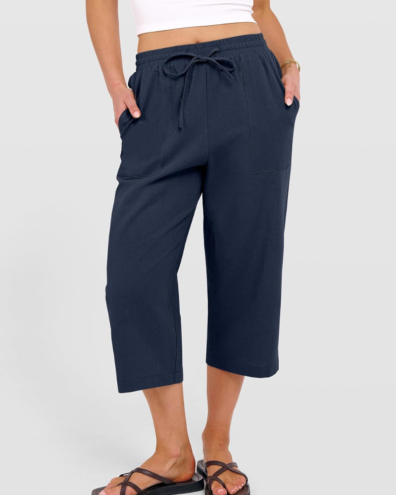 Kris Women's Pants – High Waist Capri Palazzo with Drawstring & Pockets Summer