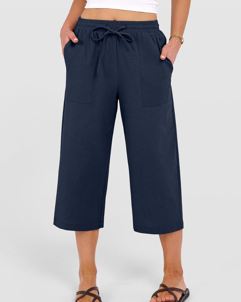 Kris Women's Pants – High Waist Capri Palazzo with Drawstring & Pockets Summer