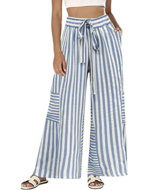 Fine Women's Pants – Wide Striped Palazzo with Elastic Waist, Drawstring & Pockets