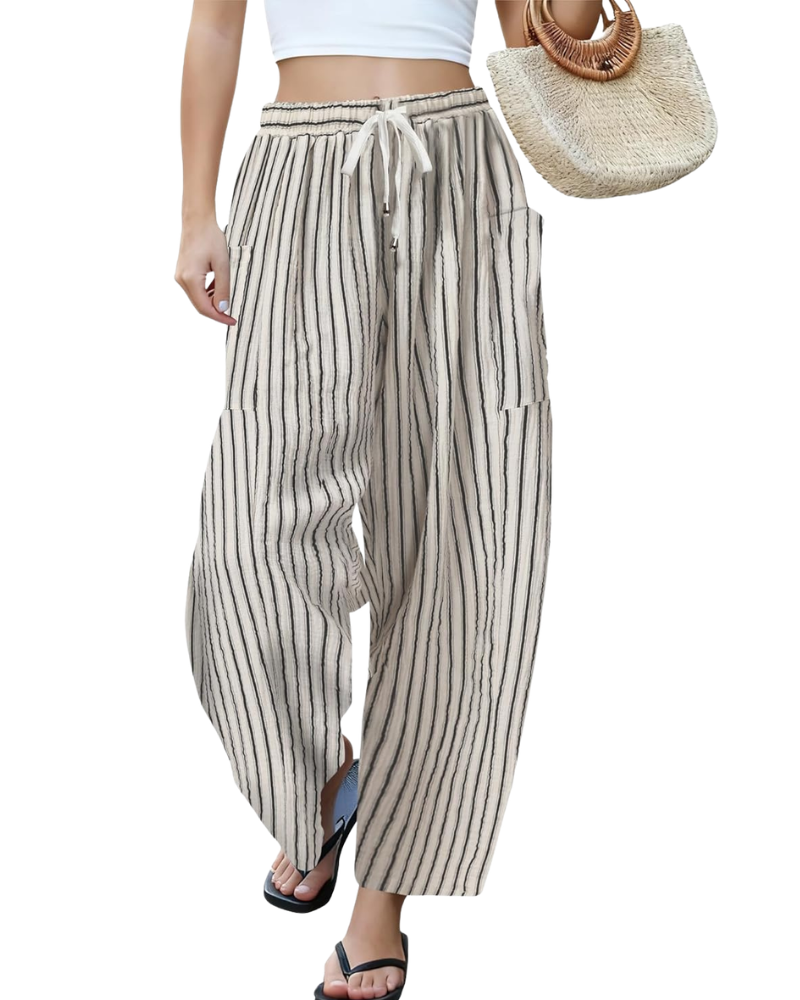 Tina Women's Pants – Wide-Leg Linen Palazzo, Oversized, Drawstring Waist & Pockets
