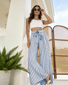 Fine Women's Pants – Wide Striped Palazzo with Elastic Waist, Drawstring & Pockets