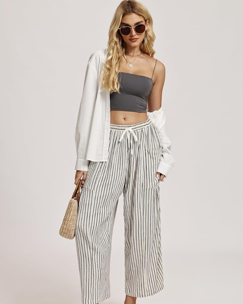 Tina Women's Pants – Wide-Leg Linen Palazzo, Oversized, Drawstring Waist & Pockets