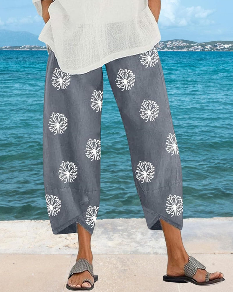 Léa Women's Pants – Wide Linen Cotton Capri with Elastic Waist & Pockets