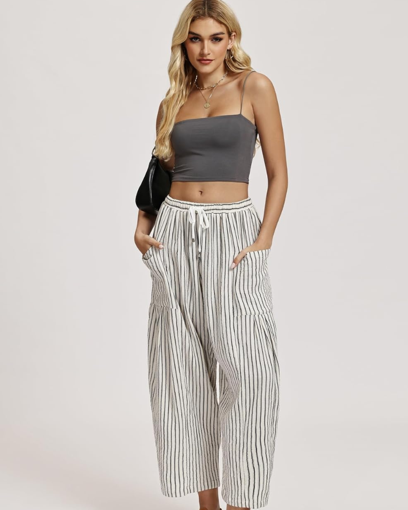 Tina Women's Pants – Wide-Leg Linen Palazzo, Oversized, Drawstring Waist & Pockets