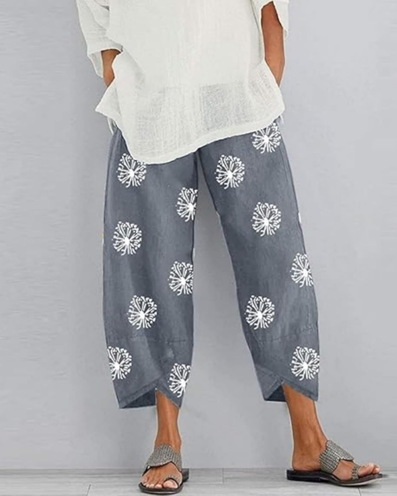 Léa Women's Pants – Wide Linen Cotton Capri with Elastic Waist & Pockets
