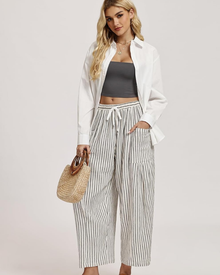 Tina Women's Pants – Wide-Leg Linen Palazzo, Oversized, Drawstring Waist & Pockets