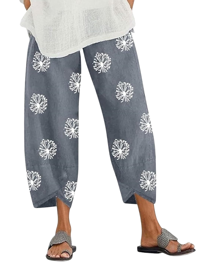 Léa Women's Pants – Wide Linen Cotton Capri with Elastic Waist & Pockets