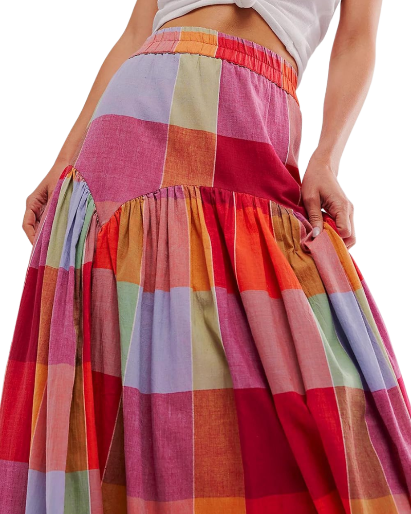 Nayla Maxi Skirt for Women – Multicolored Plaid High-Waisted Gathered Skirt