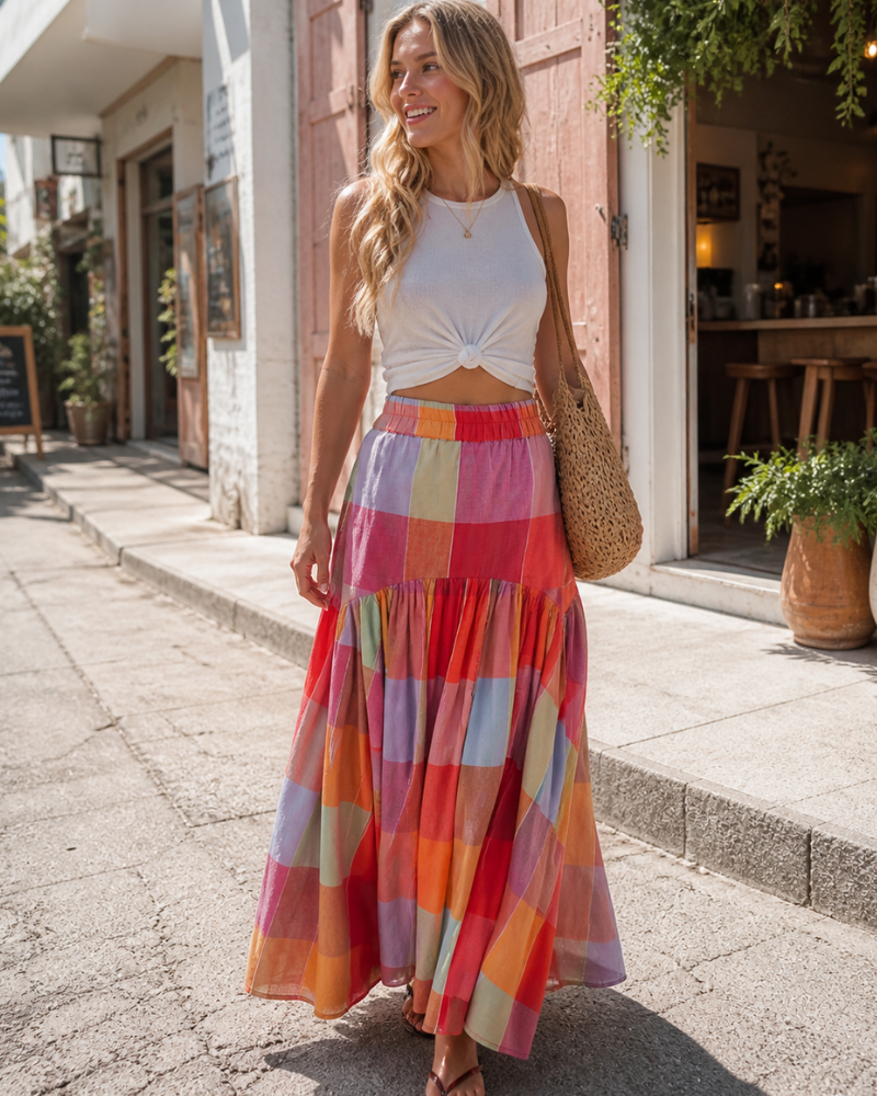 Nayla Maxi Skirt for Women – Multicolored Plaid High-Waisted Gathered Skirt