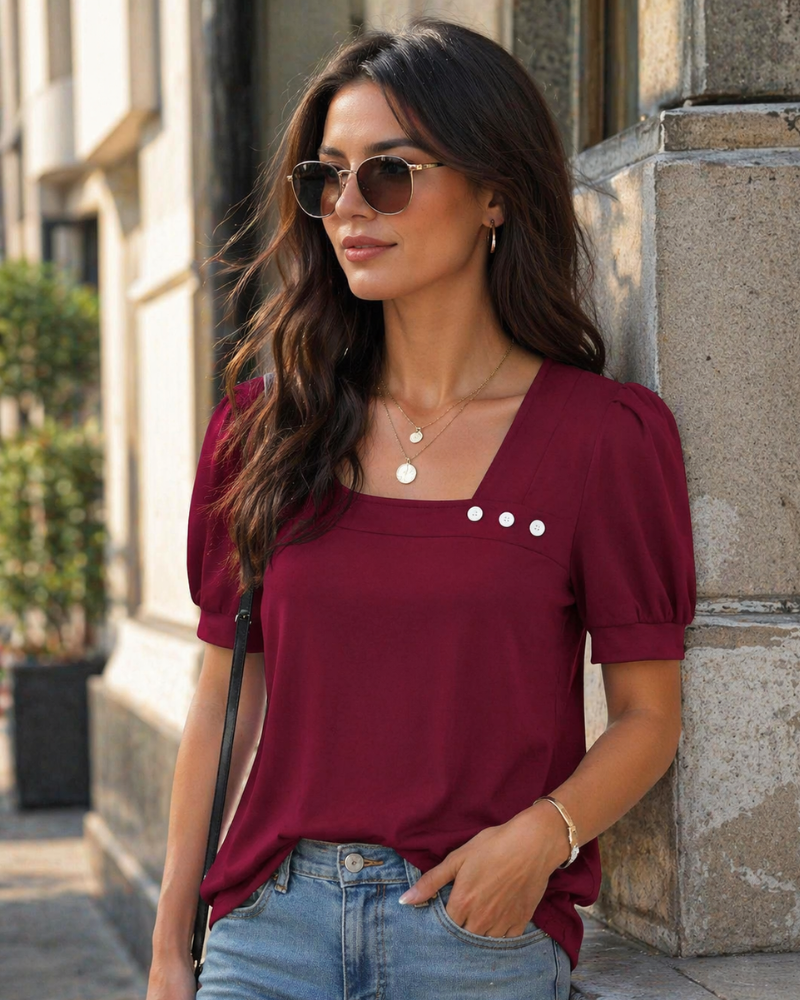 Samira Women's Top – Asymmetrical Square Collar Buttoned Blouse, Elegant Short Sleeves