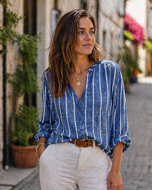 Tifanny Loose Women's Blouse – V-Neck Top with Buttons, Rolled-Up Sleeves & Casual Style