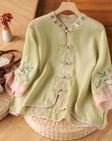 Amber Women's Summer Blouse – Linen Floral Embroidery 3/4 Sleeve Plus Size