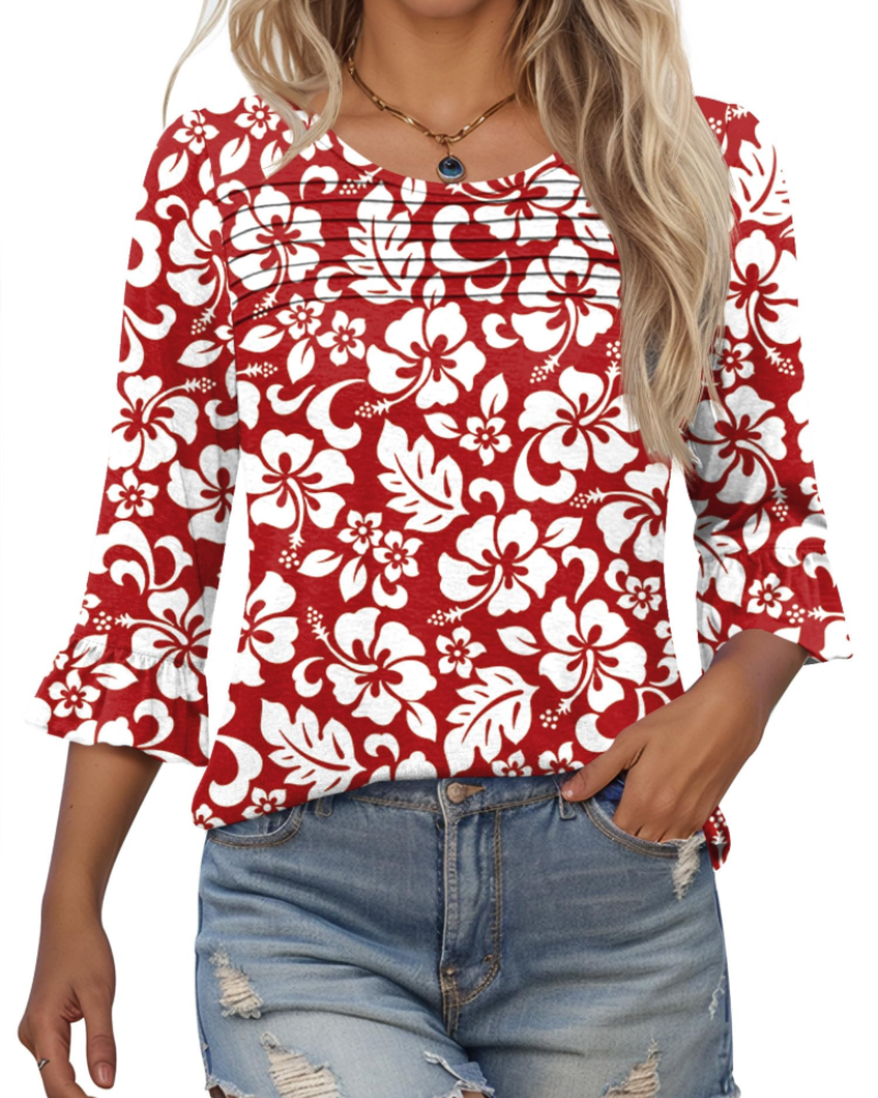 Lucy Summer Blouse for Women – 3/4 Flared Sleeves & Pleated Front