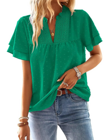 Jiana Women's Summer Blouse – V-Neck Crochet Lace & Ruffled Sleeves