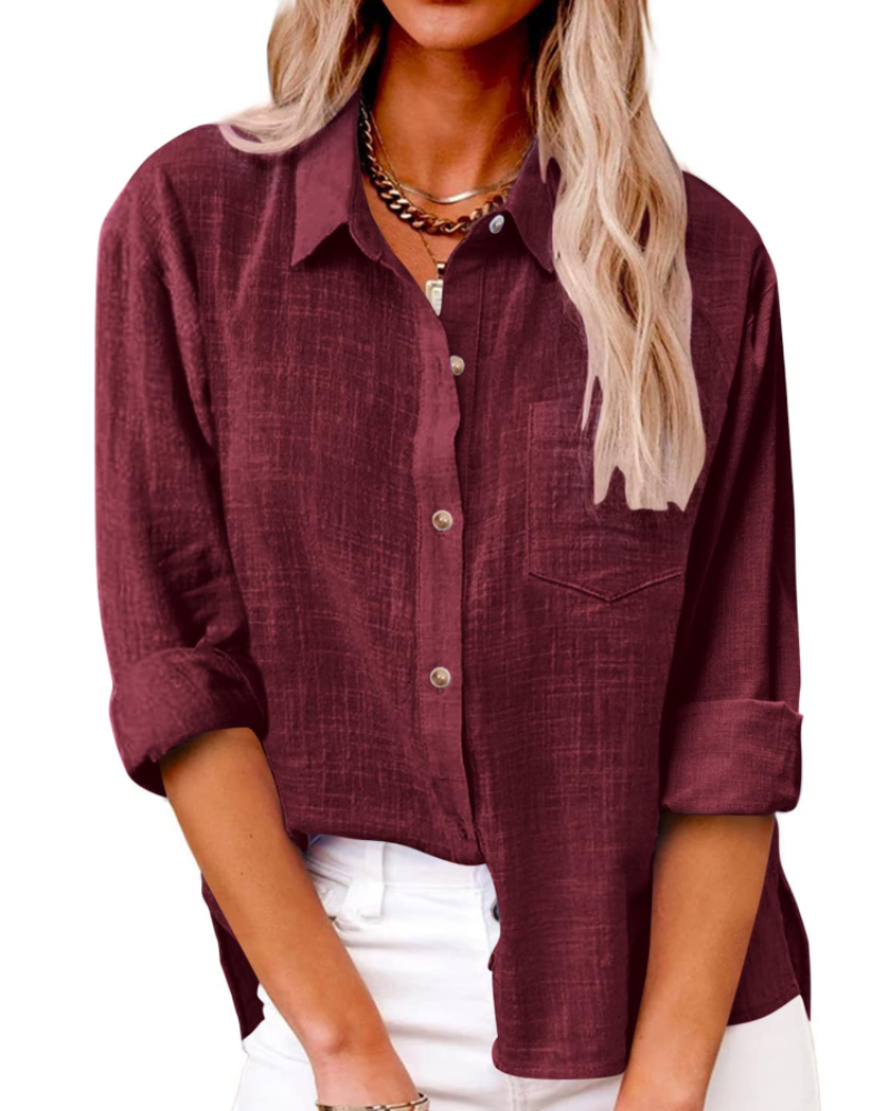 Olivia Women's Blouse – Cotton Linen V-Neck Buttoned Long Sleeves