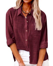 Olivia Women's Blouse – Cotton Linen V-Neck Buttoned Long Sleeves