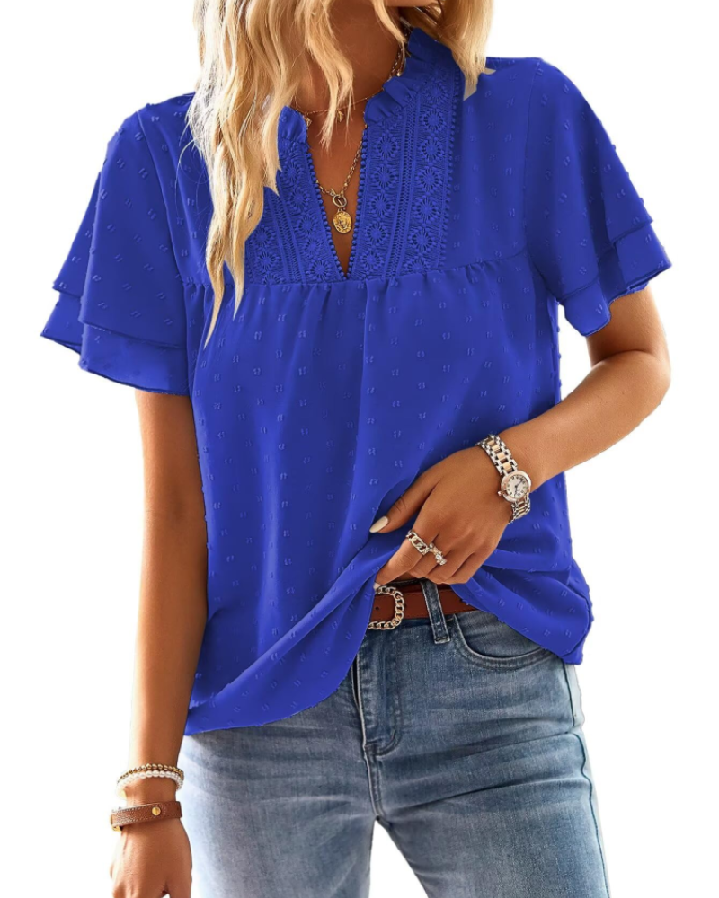 Jiana Women's Summer Blouse – V-Neck Crochet Lace & Ruffled Sleeves