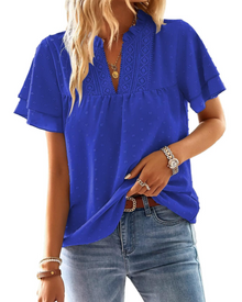 Jiana Women's Summer Blouse – V-Neck Crochet Lace & Ruffled Sleeves