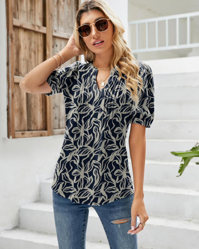Nina Women's Summer Blouse – Floral V-Neck, Puff Sleeves & Flowing Fit