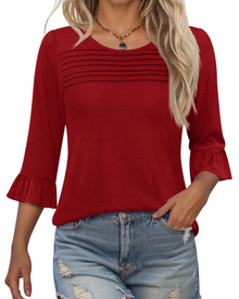 Lucy Summer Blouse for Women – 3/4 Flared Sleeves & Pleated Front