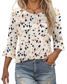 Lucy Summer Blouse for Women – 3/4 Flared Sleeves & Pleated Front