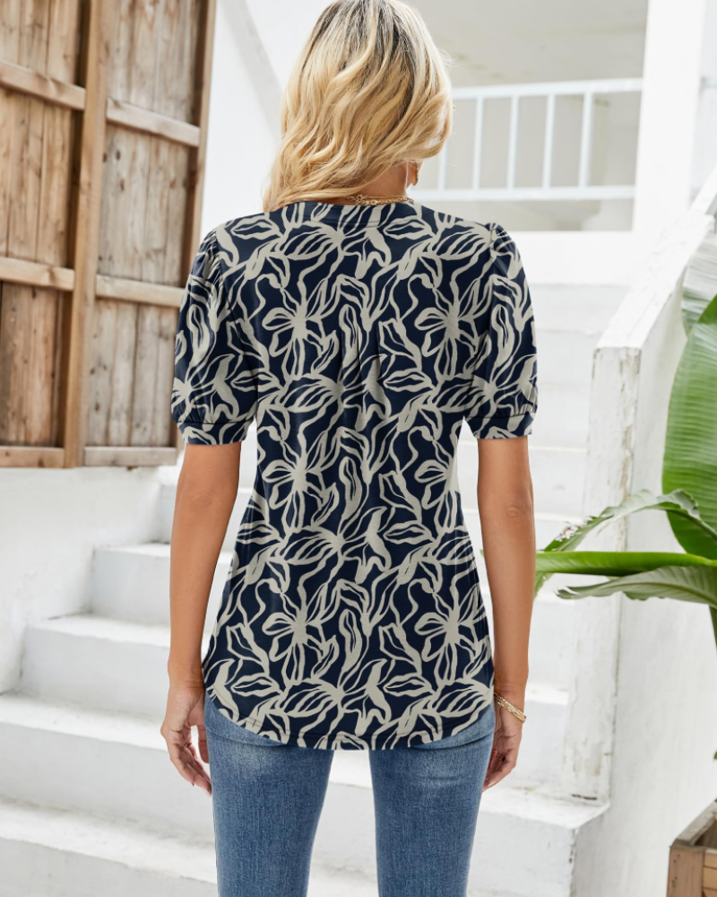 Nina Women's Summer Blouse – Floral V-Neck, Puff Sleeves & Flowing Fit