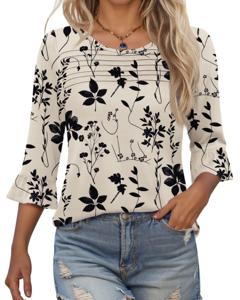 Lucy Summer Blouse for Women – 3/4 Flared Sleeves & Pleated Front