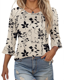 Lucy Summer Blouse for Women – 3/4 Flared Sleeves & Pleated Front