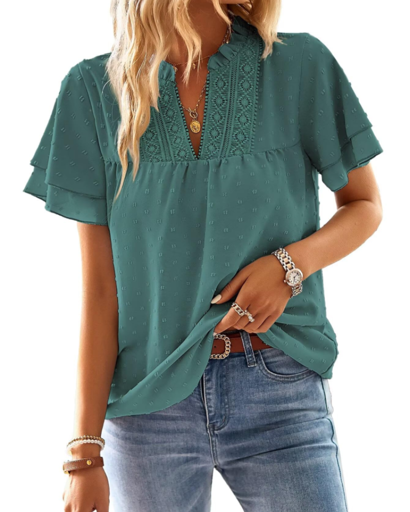 Jiana Women's Summer Blouse – V-Neck Crochet Lace & Ruffled Sleeves