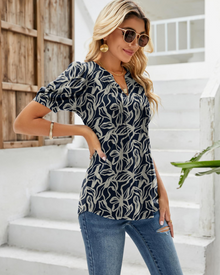 Nina Women's Summer Blouse – Floral V-Neck, Puff Sleeves & Flowing Fit