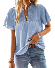 Jiana Women's Summer Blouse – V-Neck Crochet Lace & Ruffled Sleeves