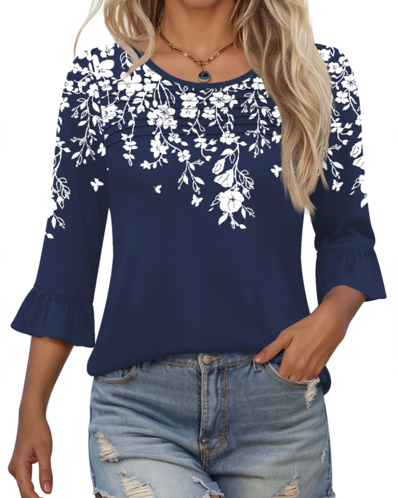Lucy Summer Blouse for Women – 3/4 Flared Sleeves & Pleated Front