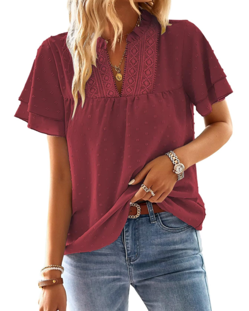 Jiana Women's Summer Blouse – V-Neck Crochet Lace & Ruffled Sleeves