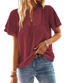 Jiana Women's Summer Blouse – V-Neck Crochet Lace & Ruffled Sleeves