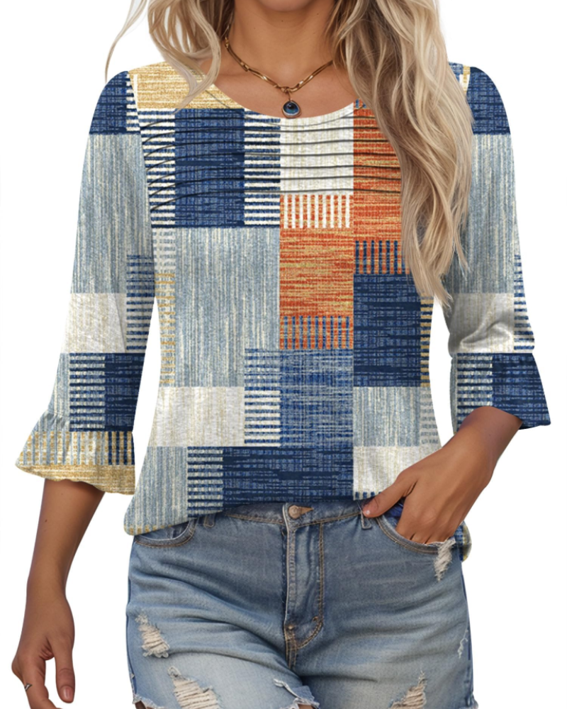 Lucy Summer Blouse for Women – 3/4 Flared Sleeves & Pleated Front