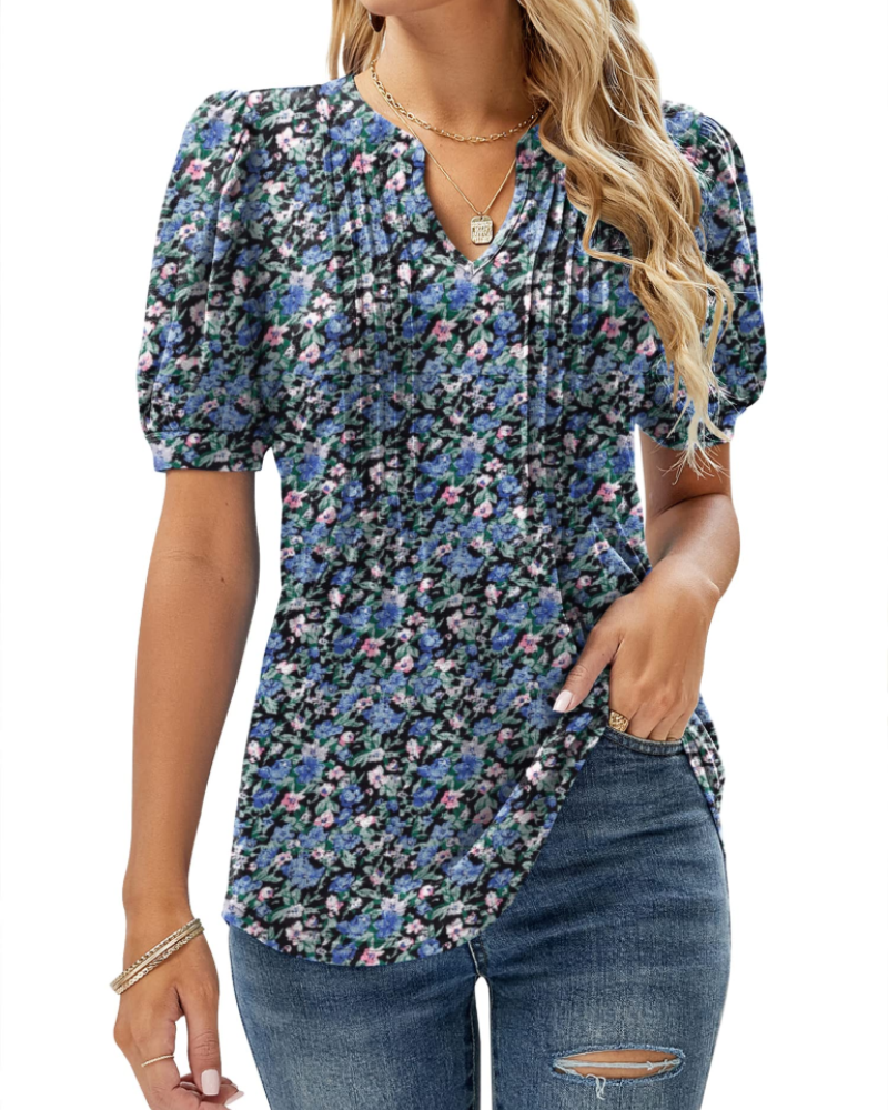 Nina Women's Summer Blouse – Floral V-Neck, Puff Sleeves & Flowing Fit