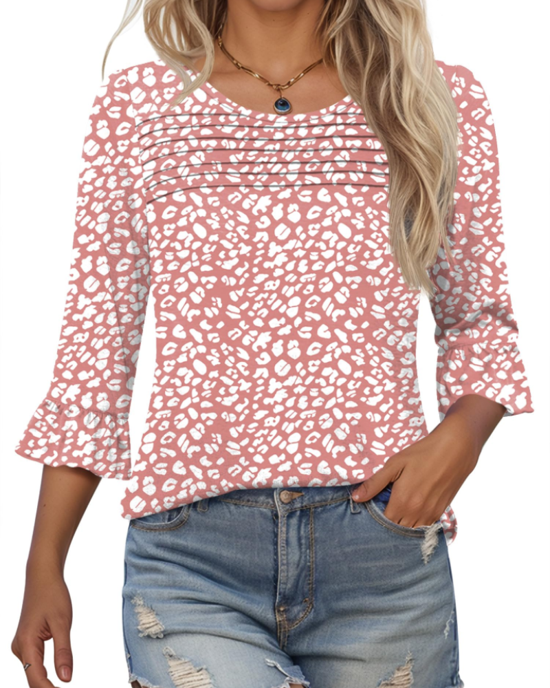 Lucy Summer Blouse for Women – 3/4 Flared Sleeves & Pleated Front