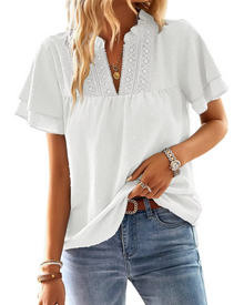 Jiana Women's Summer Blouse – V-Neck Crochet Lace & Ruffled Sleeves