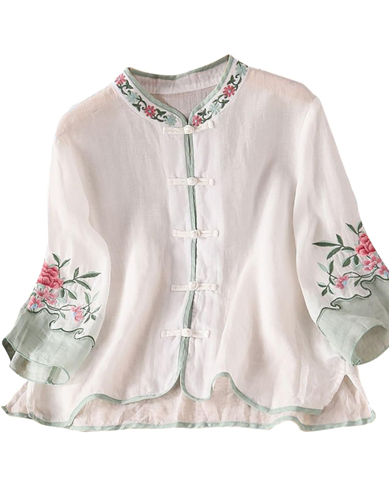 Amber Women's Summer Blouse – Linen Floral Embroidery 3/4 Sleeve Plus Size