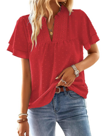 Jiana Women's Summer Blouse – V-Neck Crochet Lace & Ruffled Sleeves