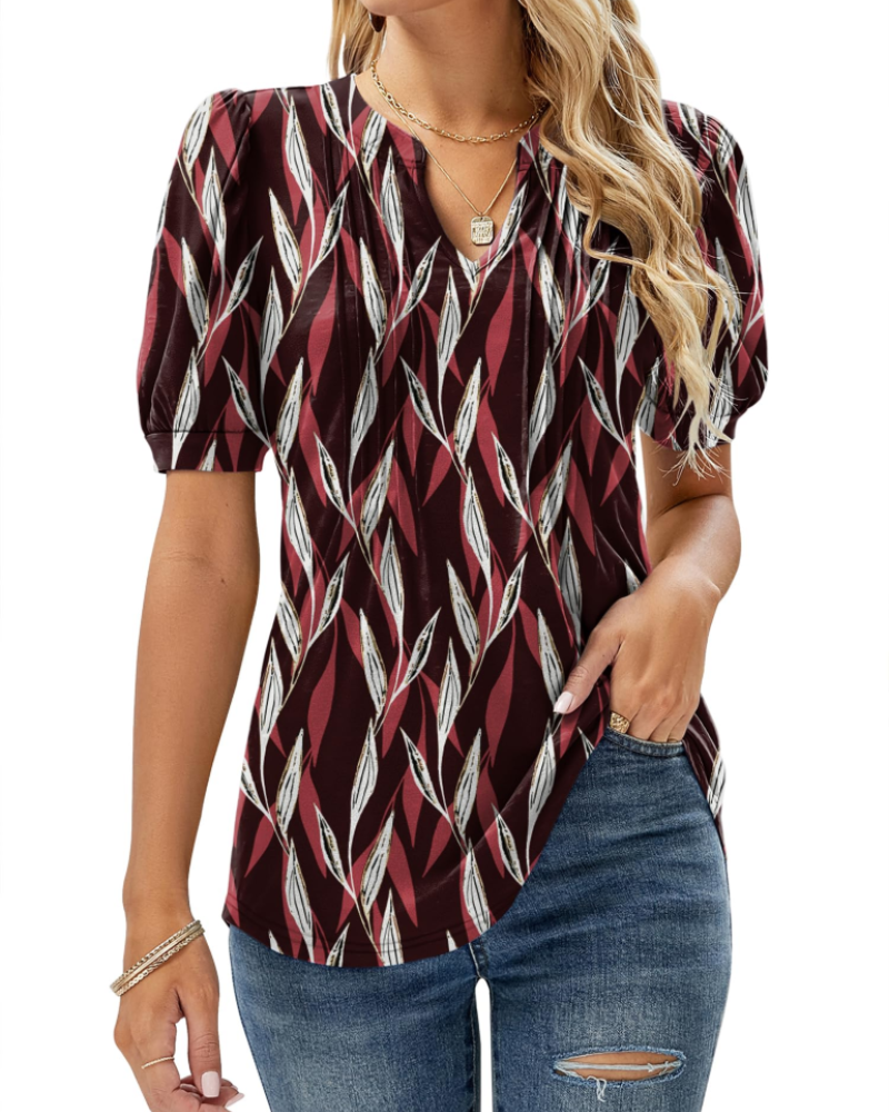 Nina Women's Summer Blouse – Floral V-Neck, Puff Sleeves & Flowing Fit