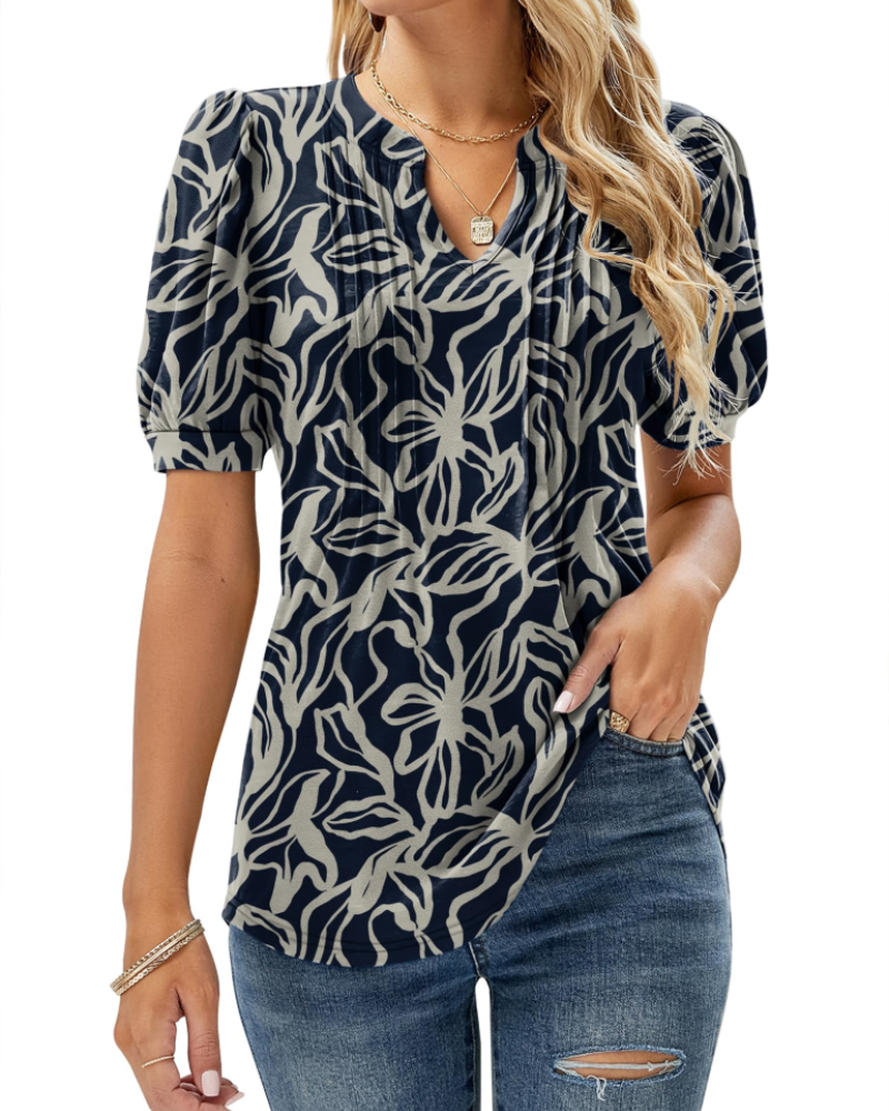 Nina Women's Summer Blouse – Floral V-Neck, Puff Sleeves & Flowing Fit