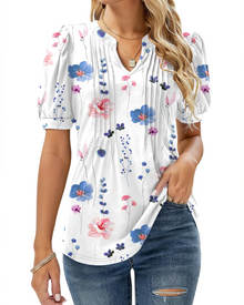 Nina Women's Summer Blouse – Floral V-Neck, Puff Sleeves & Flowing Fit