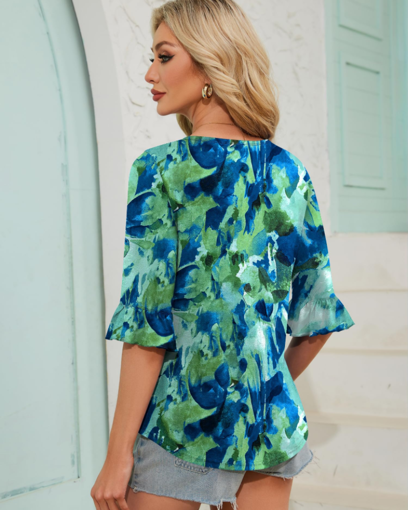 Lucy Summer Blouse for Women – 3/4 Flared Sleeves & Pleated Front