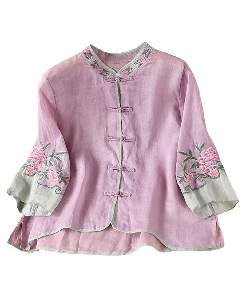 Amber Women's Summer Blouse – Linen Floral Embroidery 3/4 Sleeve Plus Size