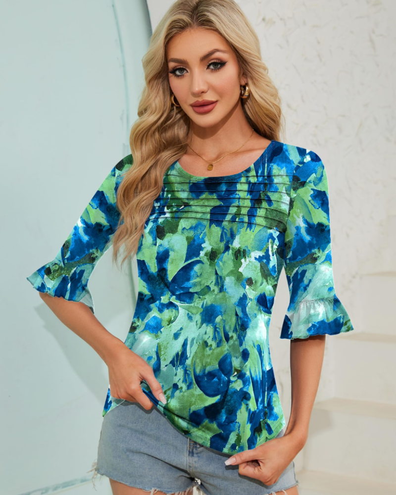 Lucy Summer Blouse for Women – 3/4 Flared Sleeves & Pleated Front