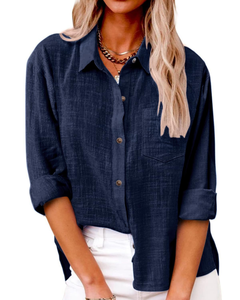 Olivia Women's Blouse – Cotton Linen V-Neck Buttoned Long Sleeves