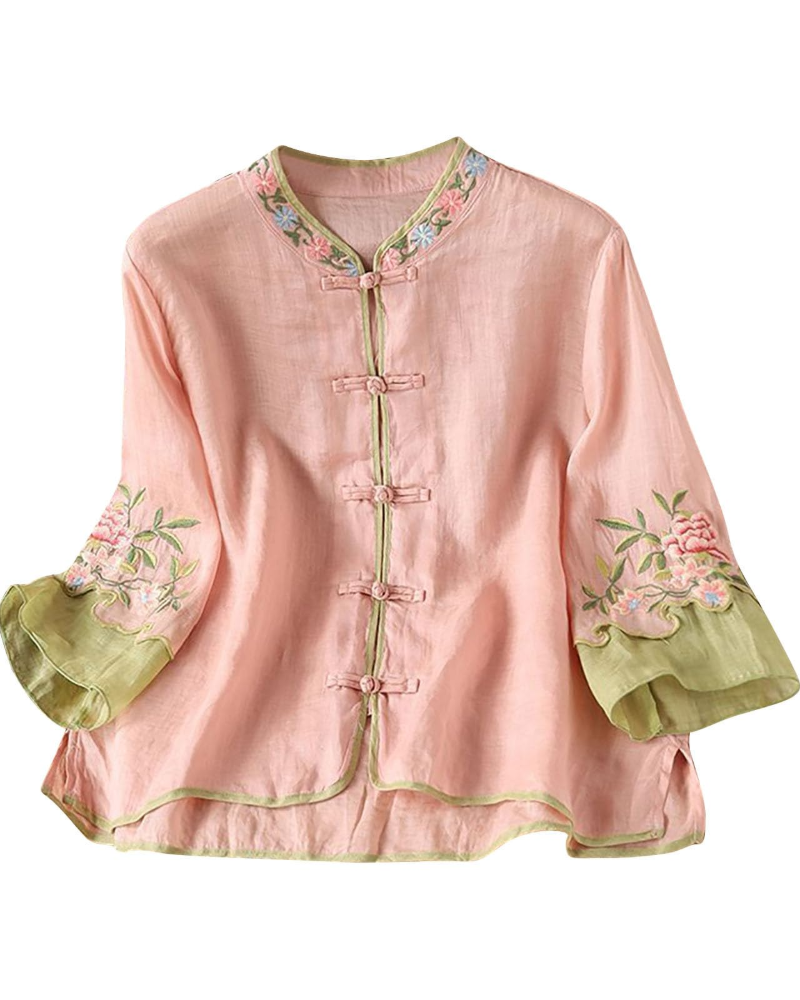 Amber Women's Summer Blouse – Linen Floral Embroidery 3/4 Sleeve Plus Size
