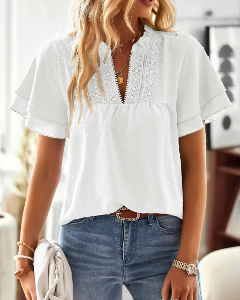 Jiana Women's Summer Blouse – V-Neck Crochet Lace & Ruffled Sleeves